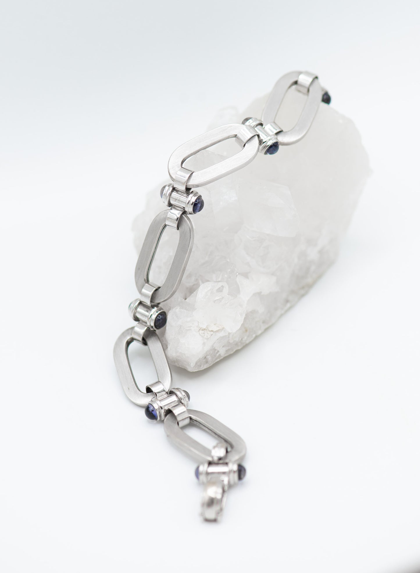 Cabochon Sapphires 18K White Gold Matte Oval Link Bracelet