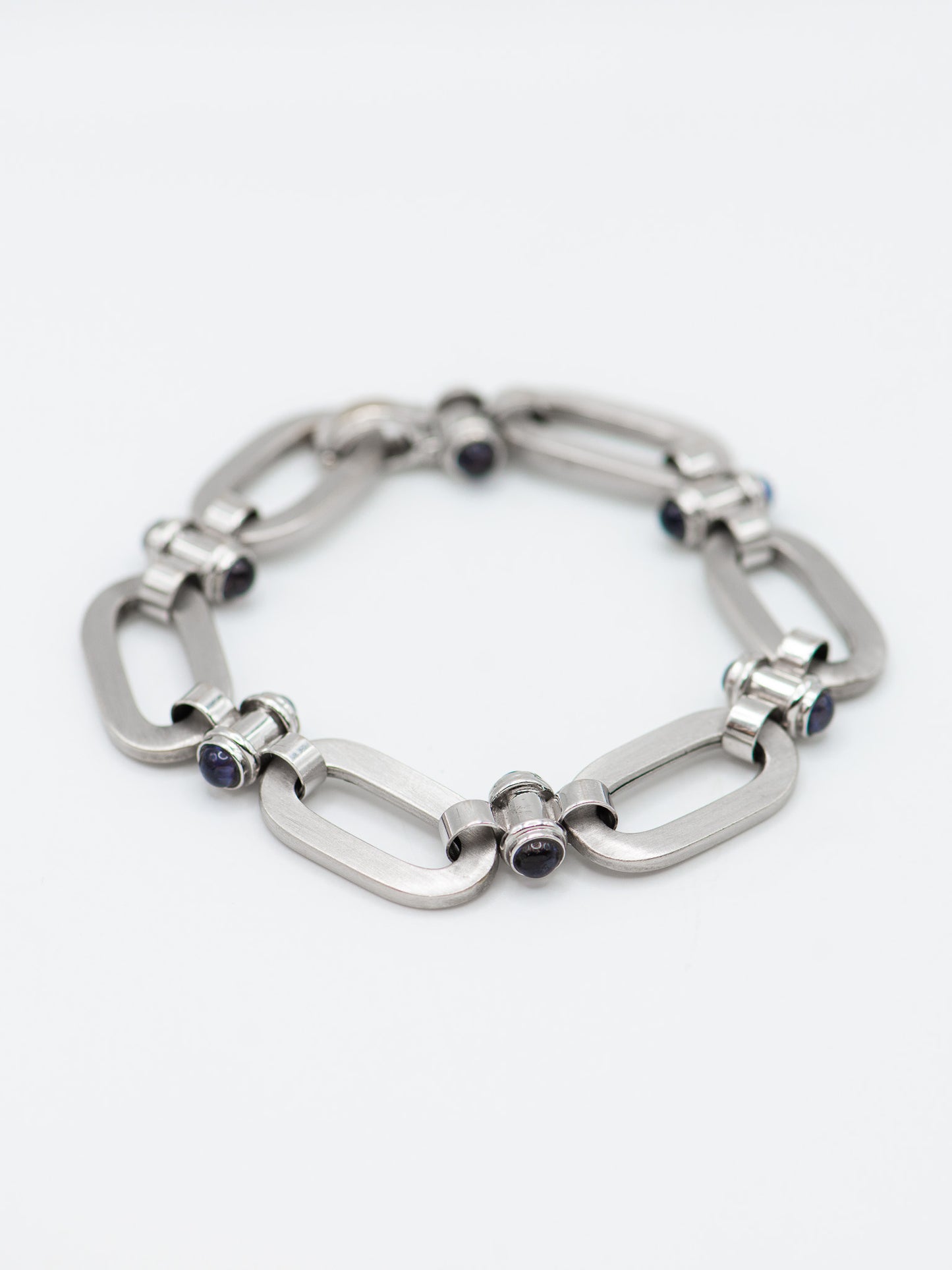 Cabochon Sapphires 18K White Gold Matte Oval Link Bracelet
