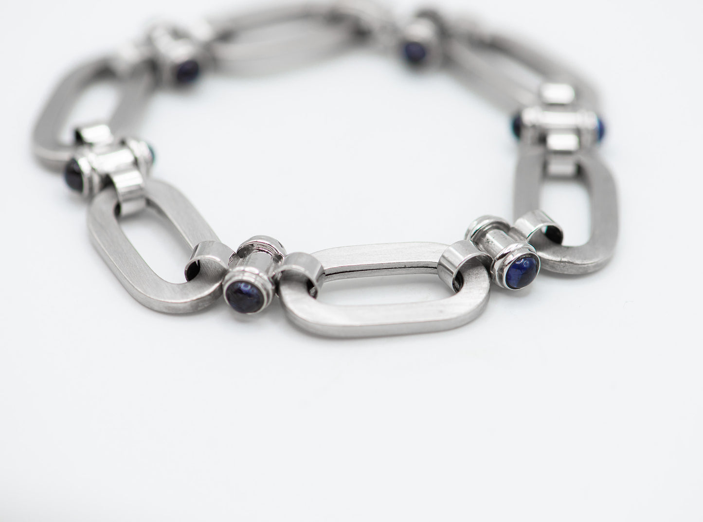 Cabochon Sapphires 18K White Gold Matte Oval Link Bracelet