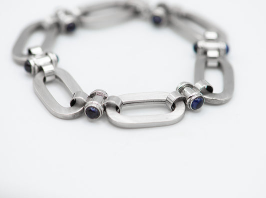 Cabochon Sapphires 18K White Gold Matte Oval Link Bracelet