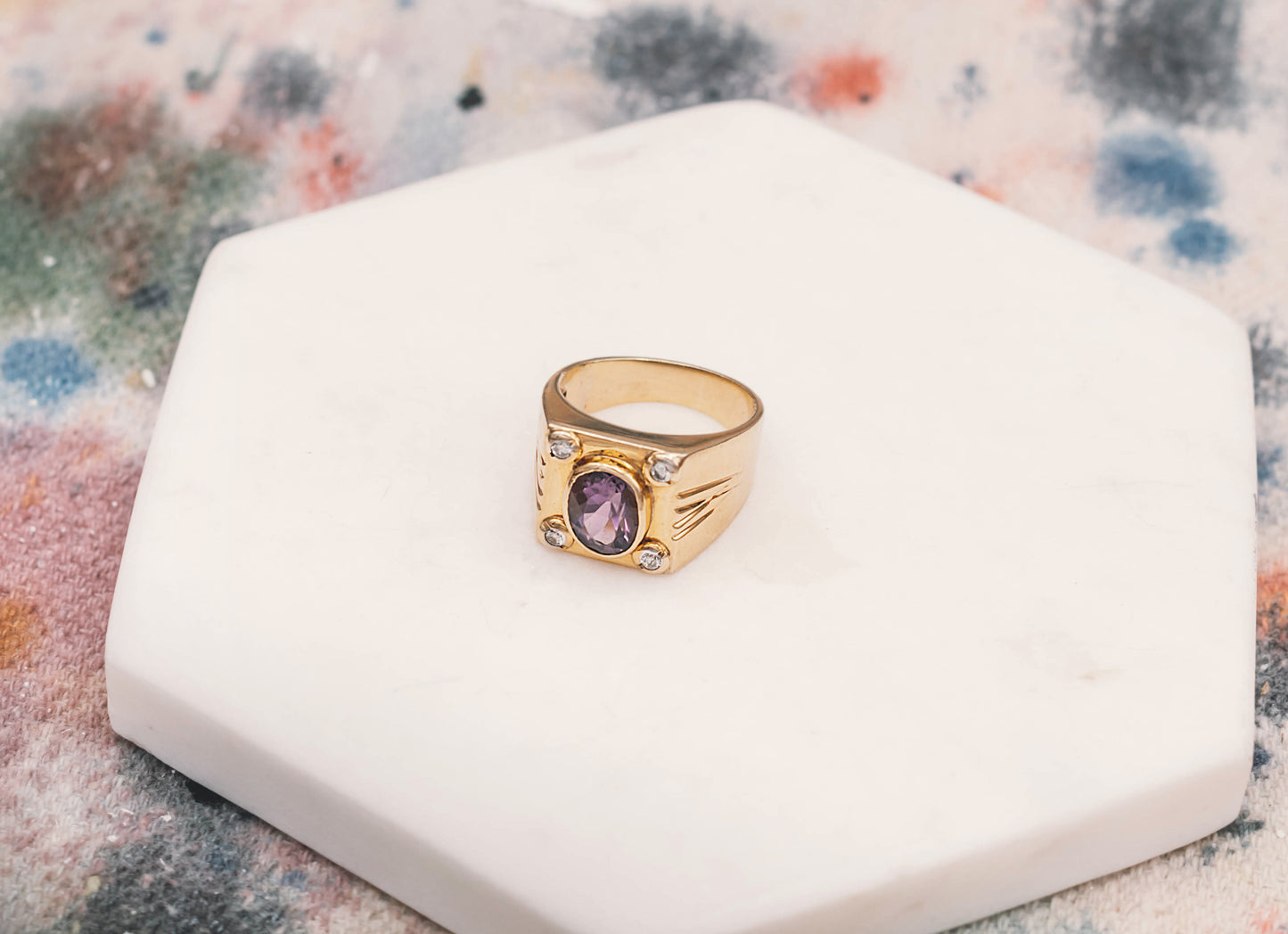 14k solid gold ring with diamonds and purple stone - Mottive.inc