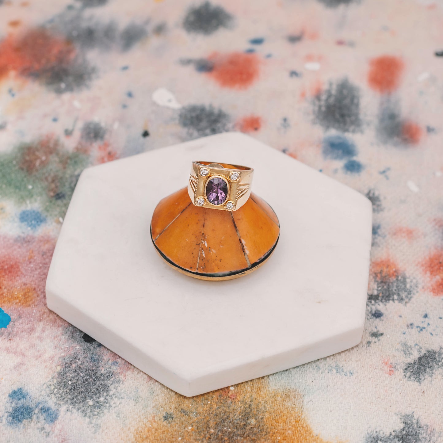 14k solid gold ring with diamonds and purple stone - Mottive.inc