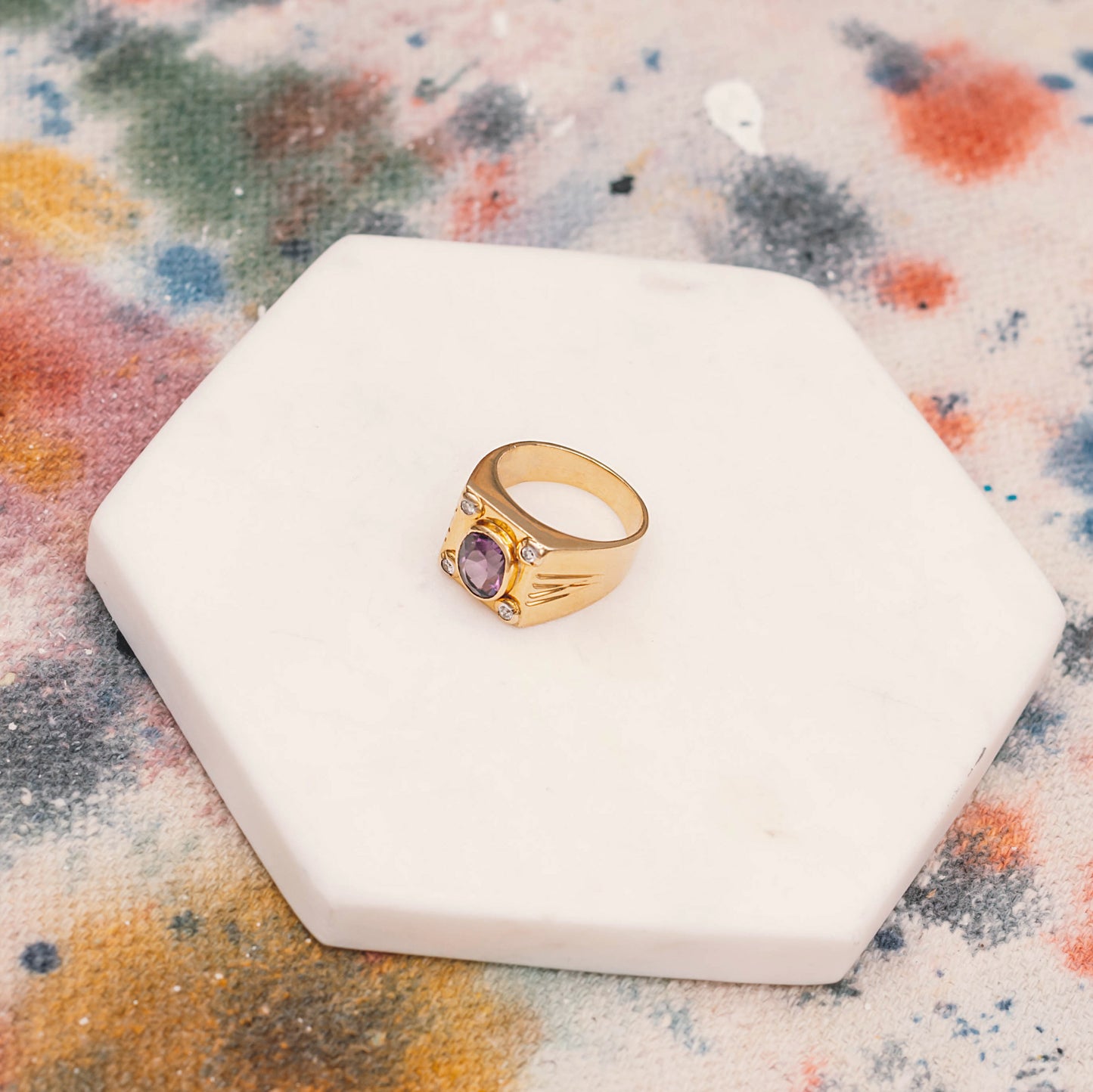 14k solid gold ring with diamonds and purple stone - Mottive.inc