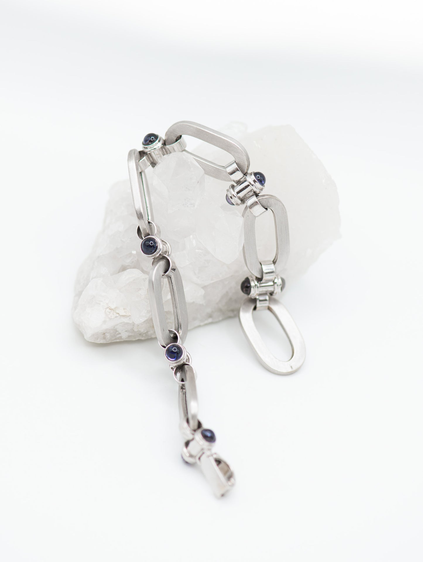 Cabochon Sapphires 18K White Gold Matte Oval Link Bracelet